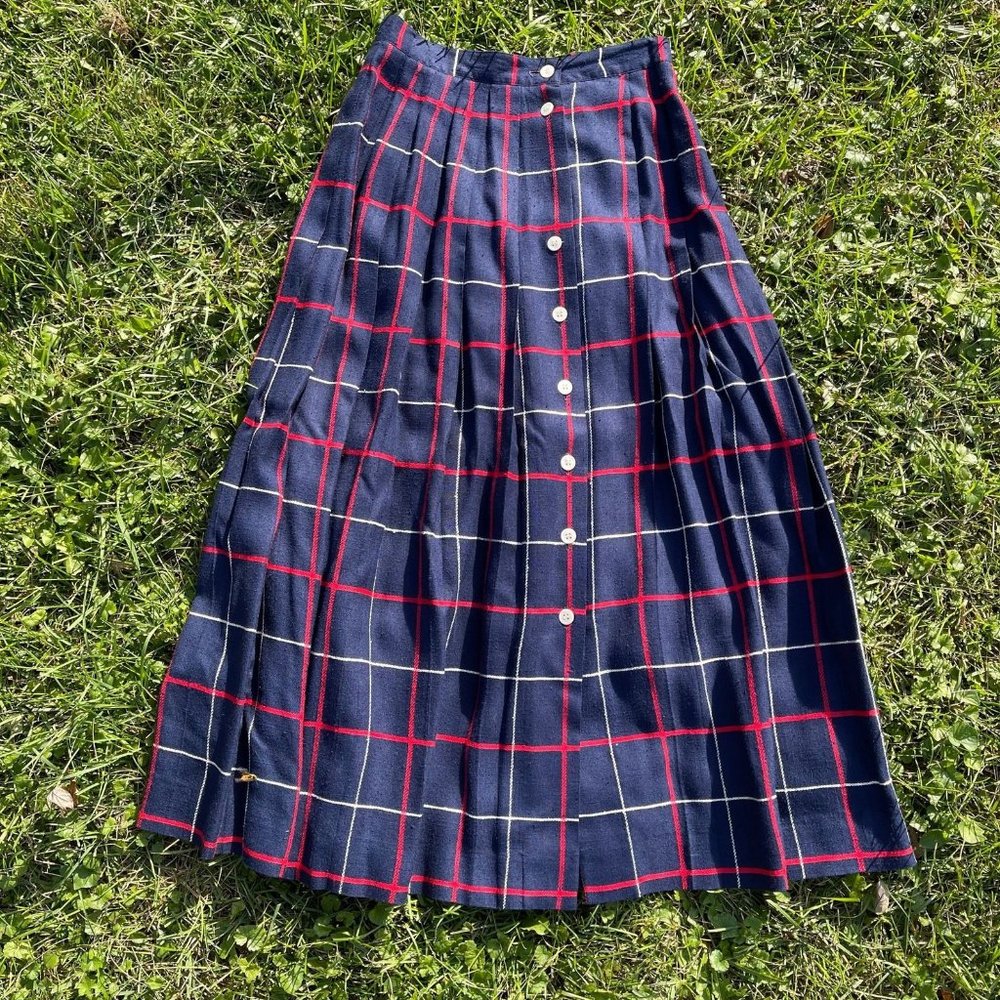 VINTAGE Midi Skirt Button Down Plaid Pleated | D11